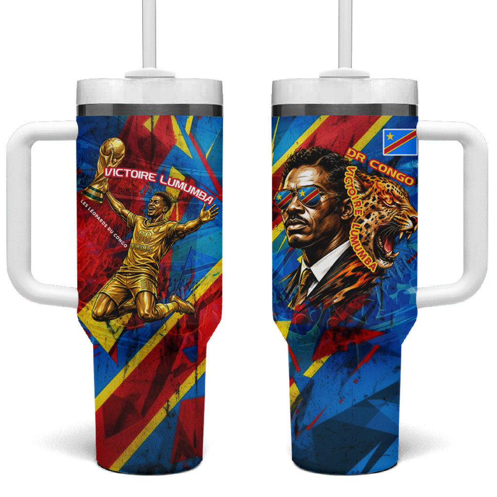 DR Congo Patrice Lumumba Football Victory Tumbler With Handle African Pride Leopard And Flag