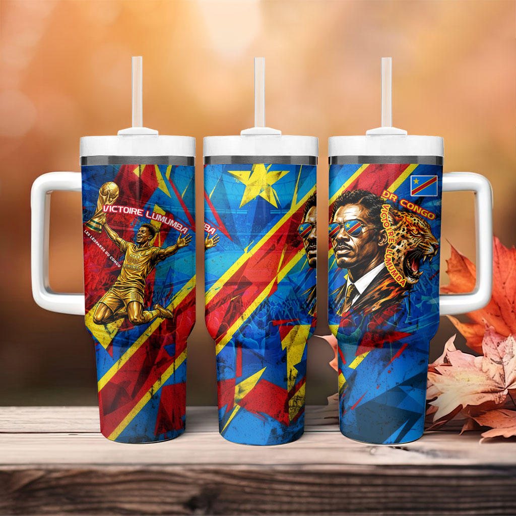 DR Congo Patrice Lumumba Football Victory Tumbler With Handle African Pride Leopard And Flag