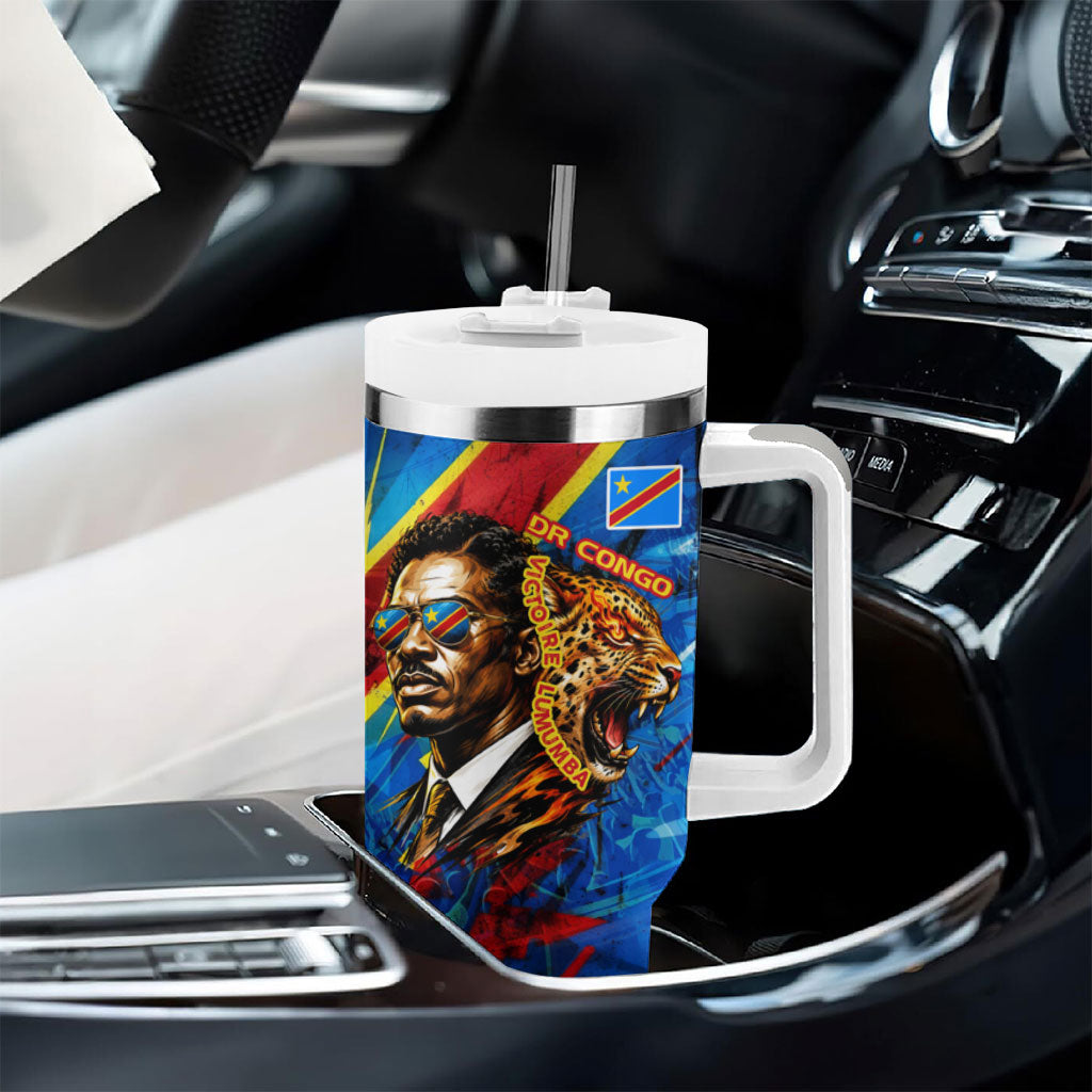 DR Congo Patrice Lumumba Football Victory Tumbler With Handle African Pride Leopard And Flag