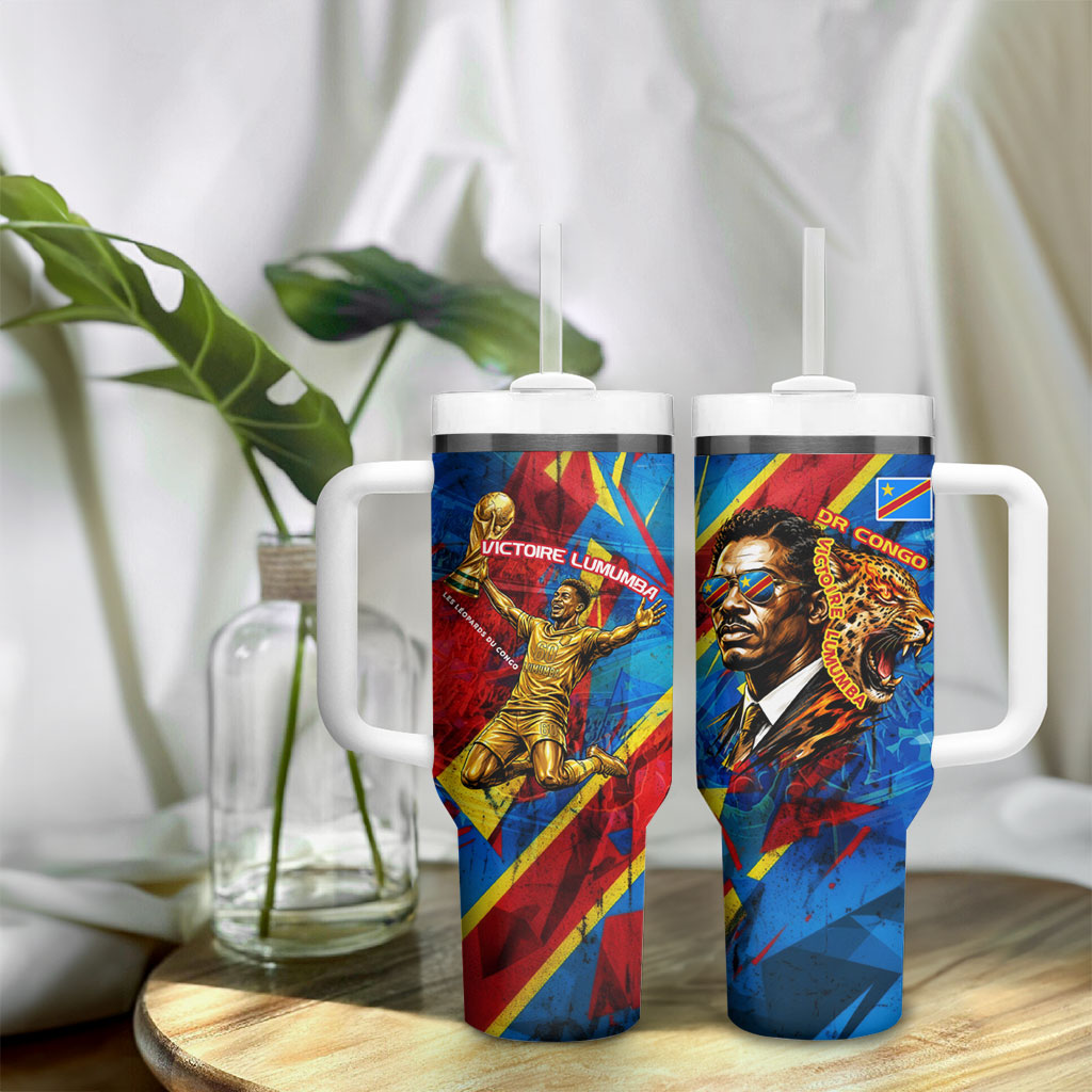DR Congo Patrice Lumumba Football Victory Tumbler With Handle African Pride Leopard And Flag