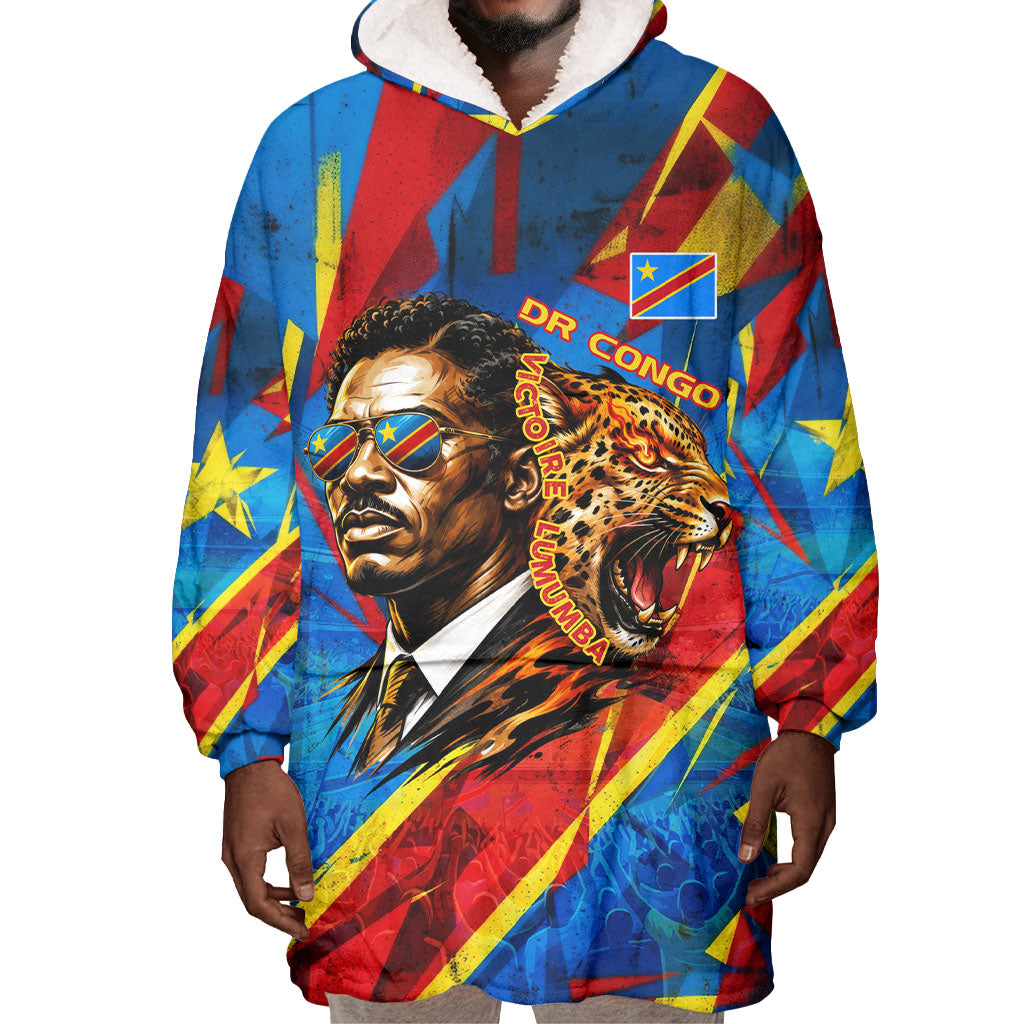 DR Congo Patrice Lumumba Football Victory Wearable Blanket Hoodie African Pride Leopard And Flag