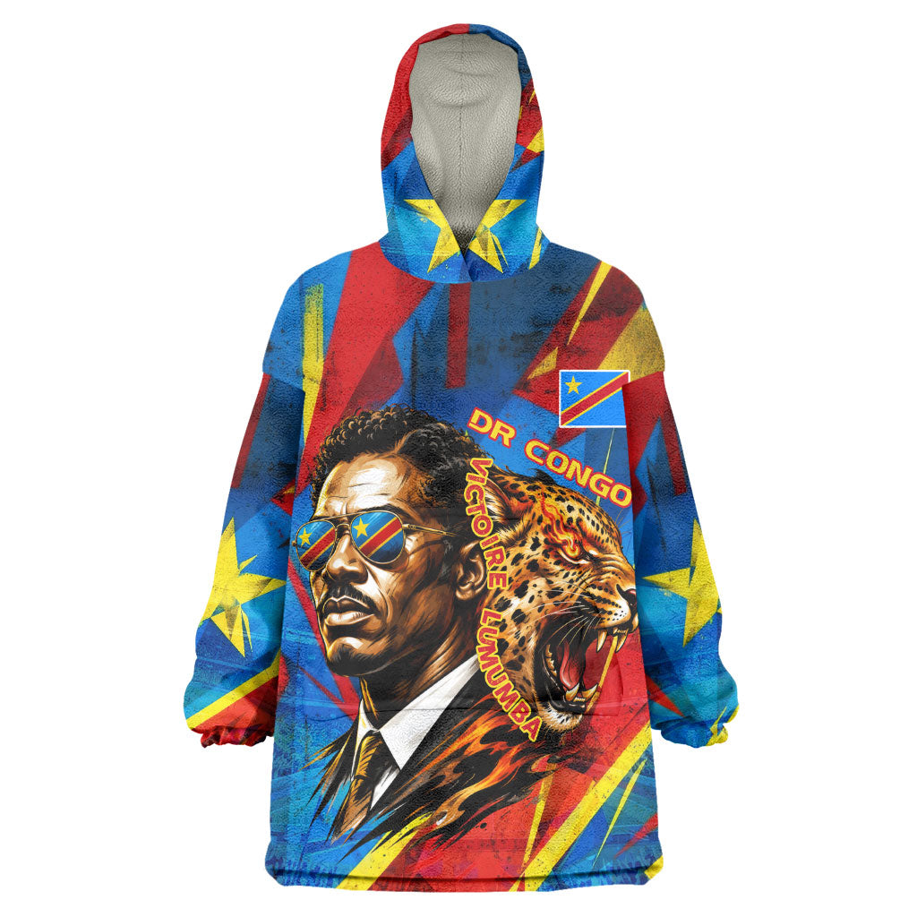 DR Congo Patrice Lumumba Football Victory Wearable Blanket Hoodie African Pride Leopard And Flag