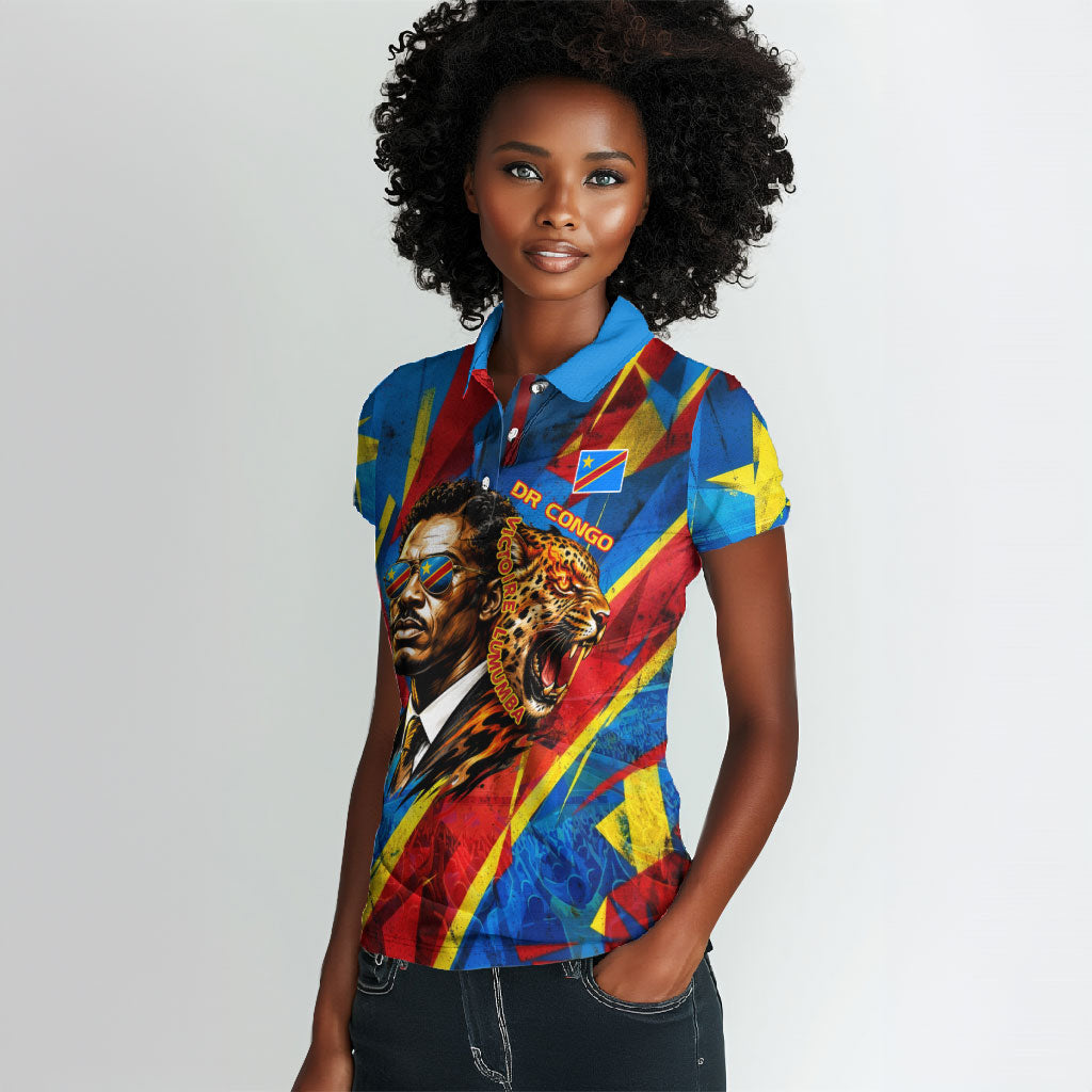 DR Congo Patrice Lumumba Football Victory Women Polo Shirt African Pride Leopard And Flag