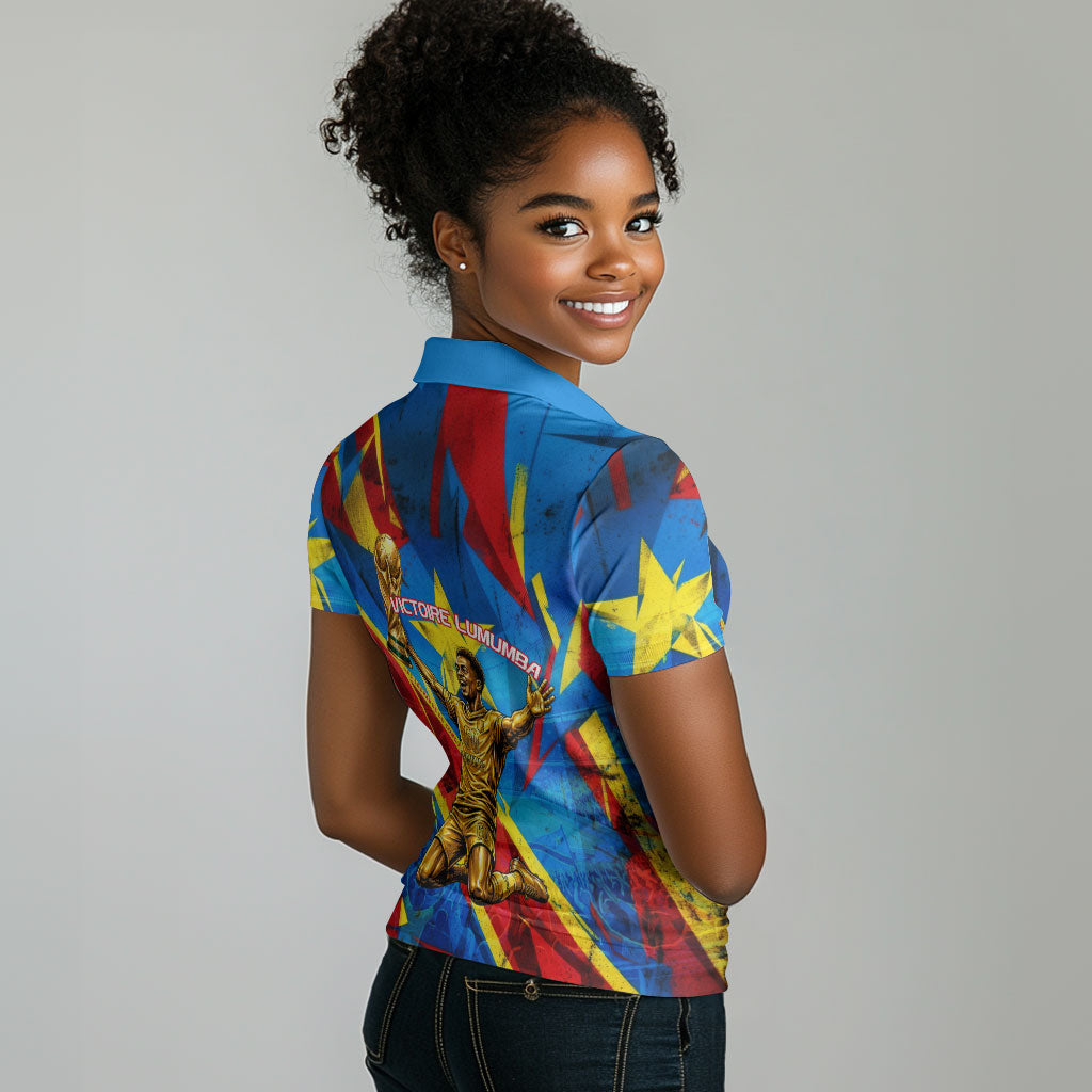 DR Congo Patrice Lumumba Football Victory Women Polo Shirt African Pride Leopard And Flag