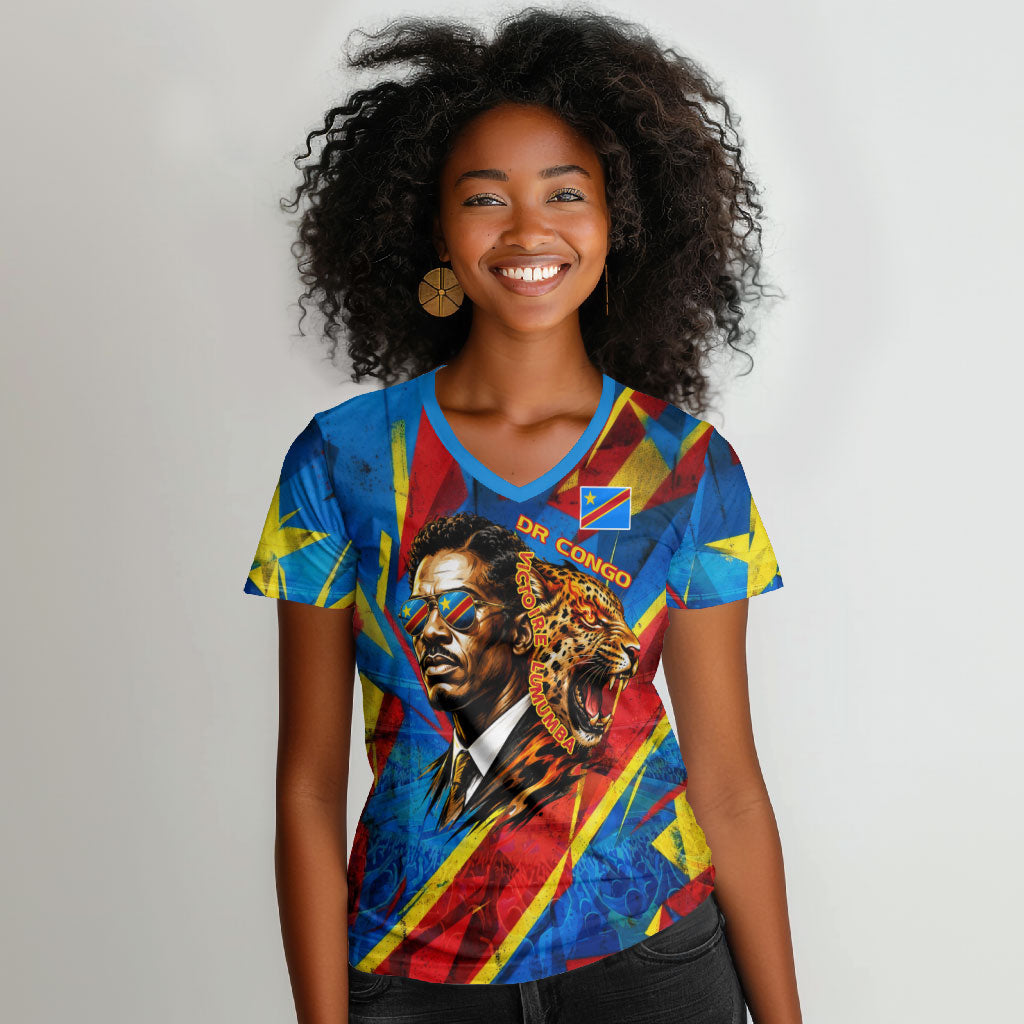 DR Congo Patrice Lumumba Football Victory Women V-Neck T-Shirt African Pride Leopard And Flag