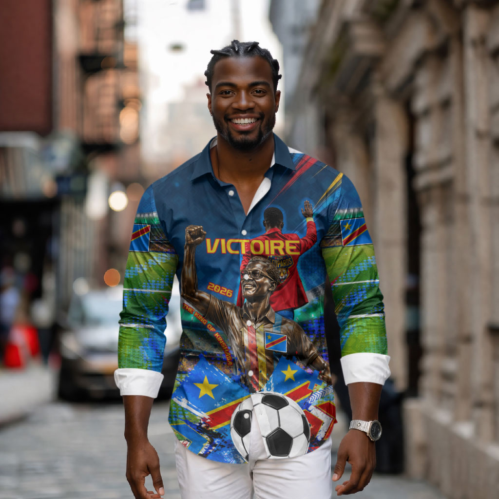 DR Congo Patrice Lumumba Long Sleeve Button Shirt Kinshasa Stadium Flag - King Of Kinshasa Football