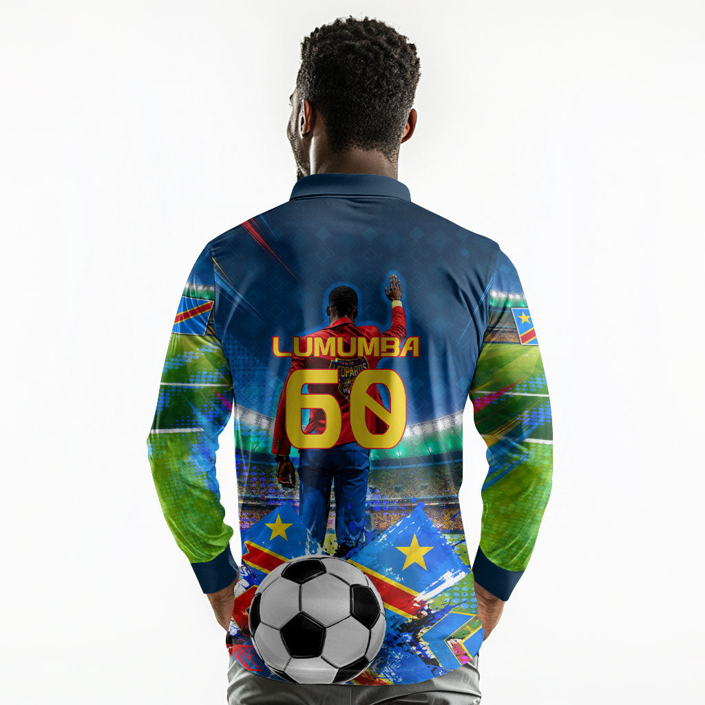DR Congo Patrice Lumumba Long Sleeve Polo Shirt Kinshasa Stadium Flag - King Of Kinshasa Football