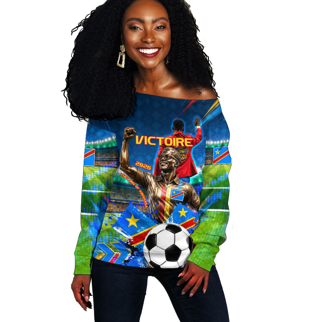 DR Congo Patrice Lumumba Off Shoulder Sweater Kinshasa Stadium Flag - King Of Kinshasa Football