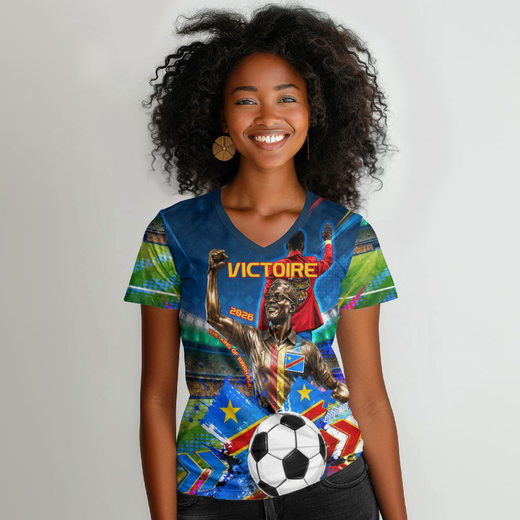 DR Congo Patrice Lumumba Women V-Neck T-Shirt Kinshasa Stadium Flag - King Of Kinshasa Football