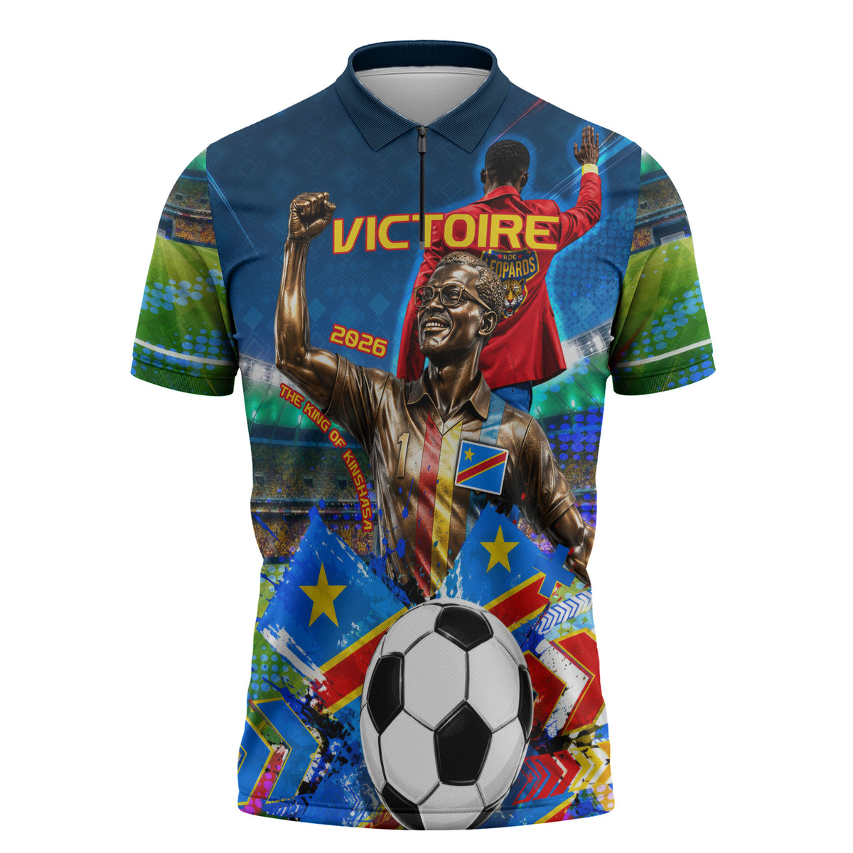 DR Congo Patrice Lumumba Zipper Polo Shirt Kinshasa Stadium Flag - King Of Kinshasa Football