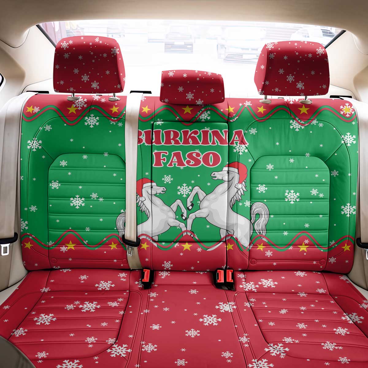 Christmas Burkina Faso Back Car Seat Cover Snowflake Horses and Coat of Arms - African Pride