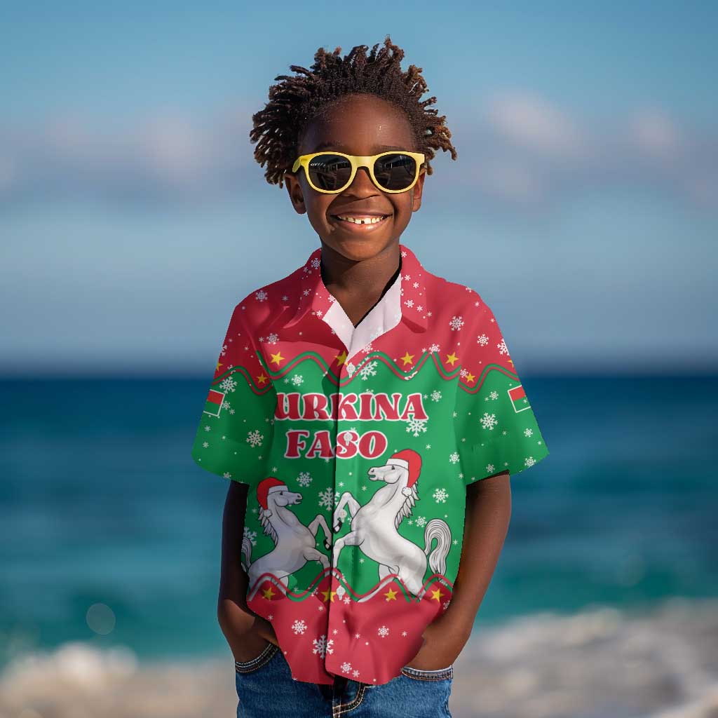 Christmas Burkina Faso Kid Hawaiian Shirt Snowflake Horses and Coat of Arms - African Pride