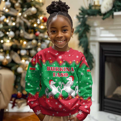 Christmas Burkina Faso Kid Ugly Christmas Sweater Snowflake Horses and Coat of Arms - African Pride