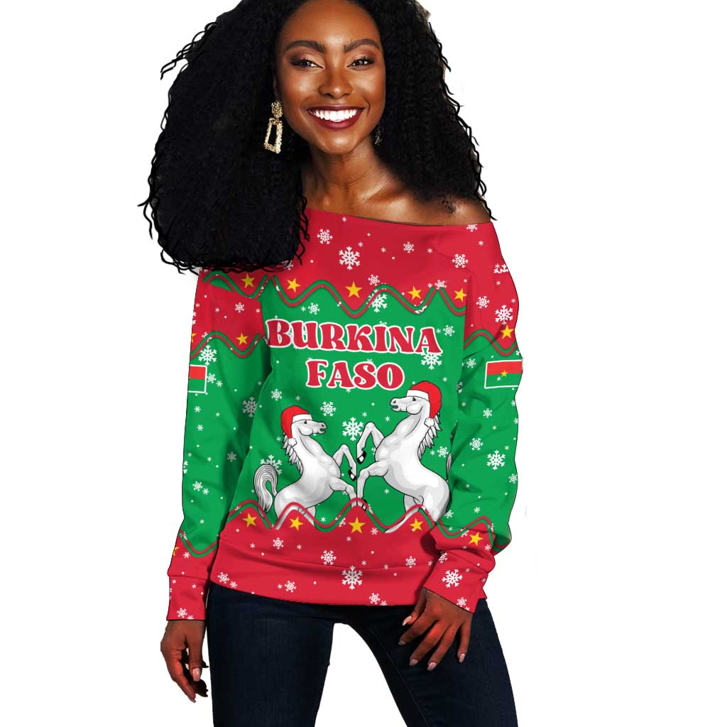 Christmas Burkina Faso Off Shoulder Sweater Snowflake Horses and Coat of Arms - African Pride