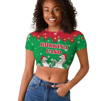 Christmas Burkina Faso Raglan Cropped T shirt Snowflake Horses and Coat of Arms - African Pride