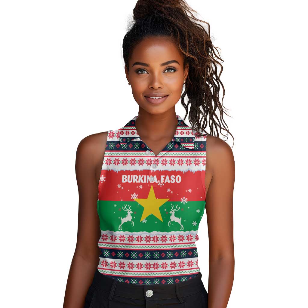 Christmas Burkina Faso Women Sleeveless Polo Shirt Reindeer Star Design - African Pride
