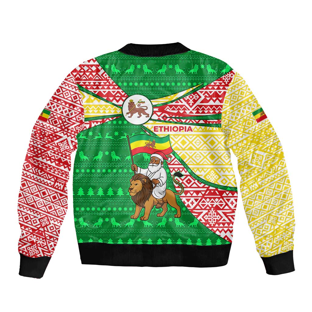Ethiopia Christmas Bomber Jacket Santa Riding Lion Ethiopian Flag Colors and Tribal - African Pride