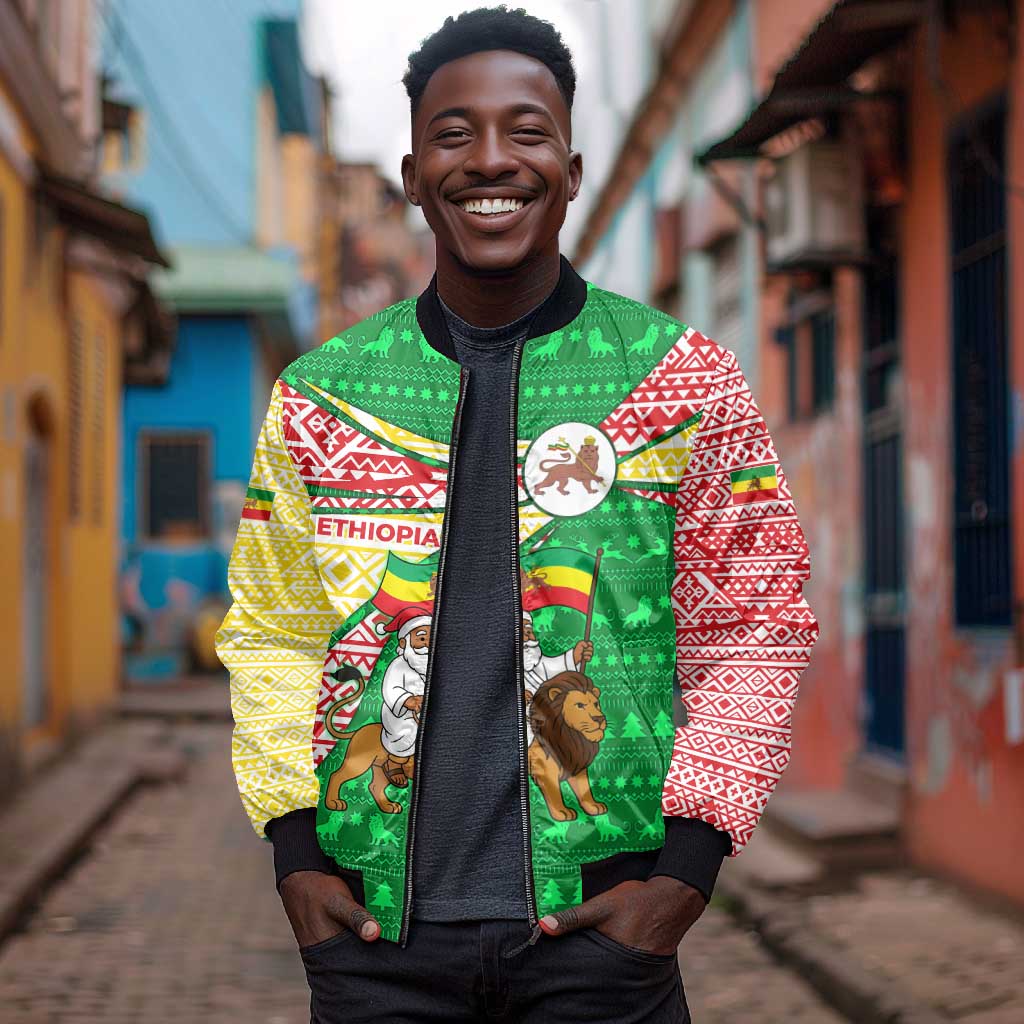 Ethiopia Christmas Bomber Jacket Santa Riding Lion Ethiopian Flag Colors and Tribal - African Pride