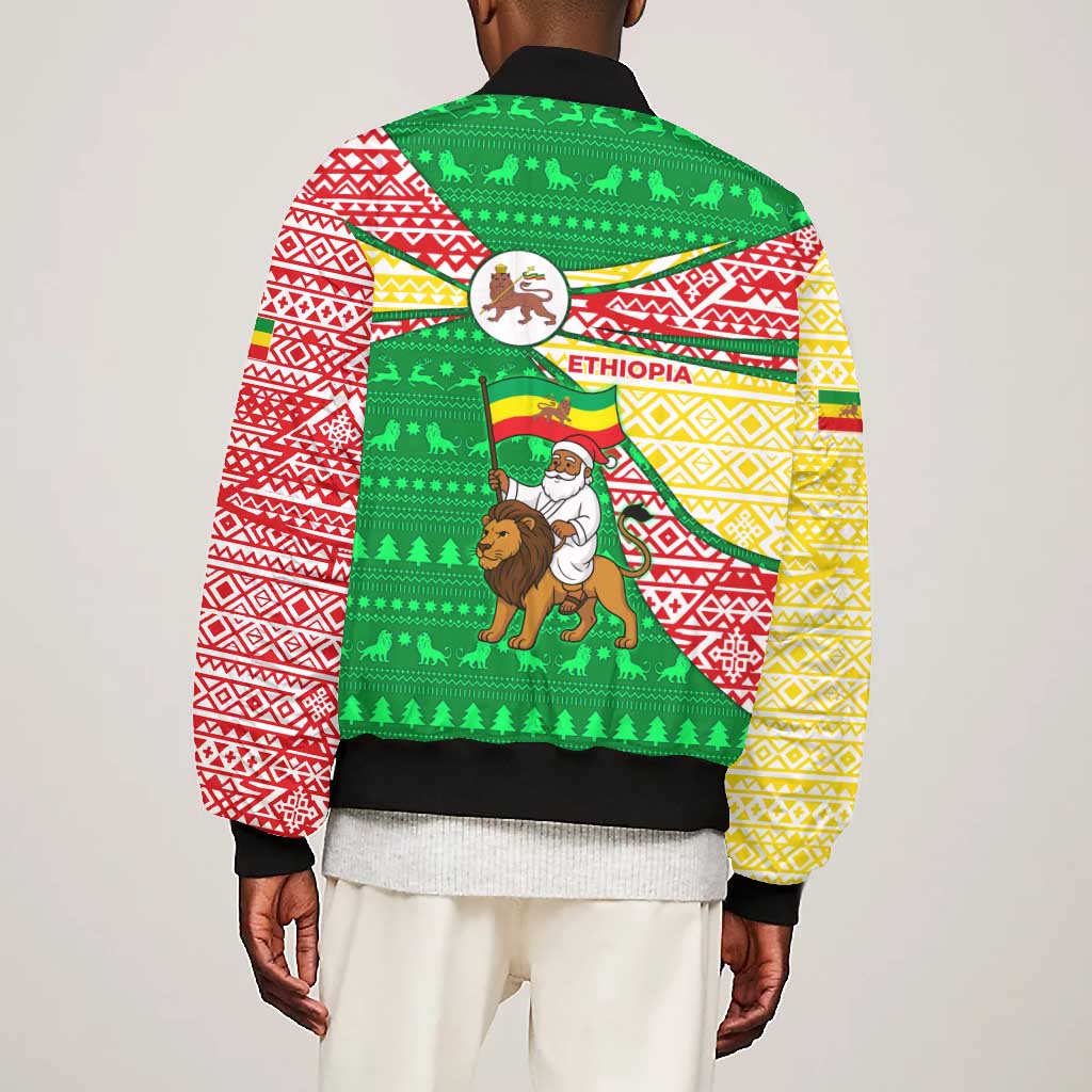 Ethiopia Christmas Bomber Jacket Santa Riding Lion Ethiopian Flag Colors and Tribal - African Pride