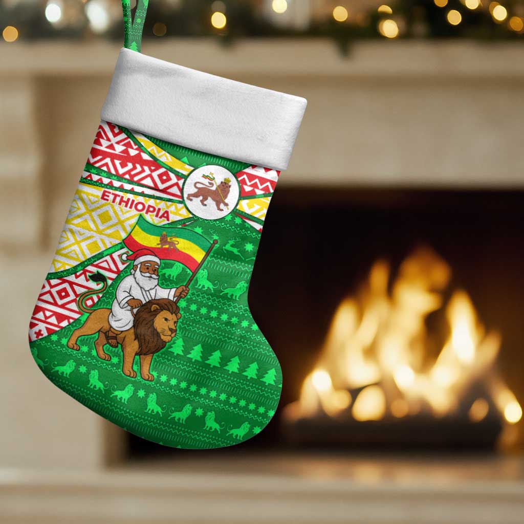 Ethiopia Christmas Stocking Santa Riding Lion Ethiopian Flag Colors and Tribal - African Pride