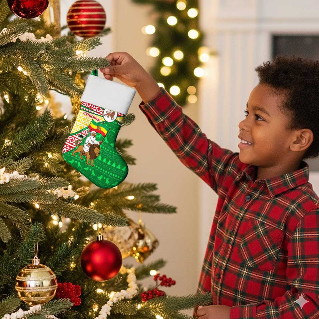 Ethiopia Christmas Stocking Santa Riding Lion Ethiopian Flag Colors and Tribal - African Pride