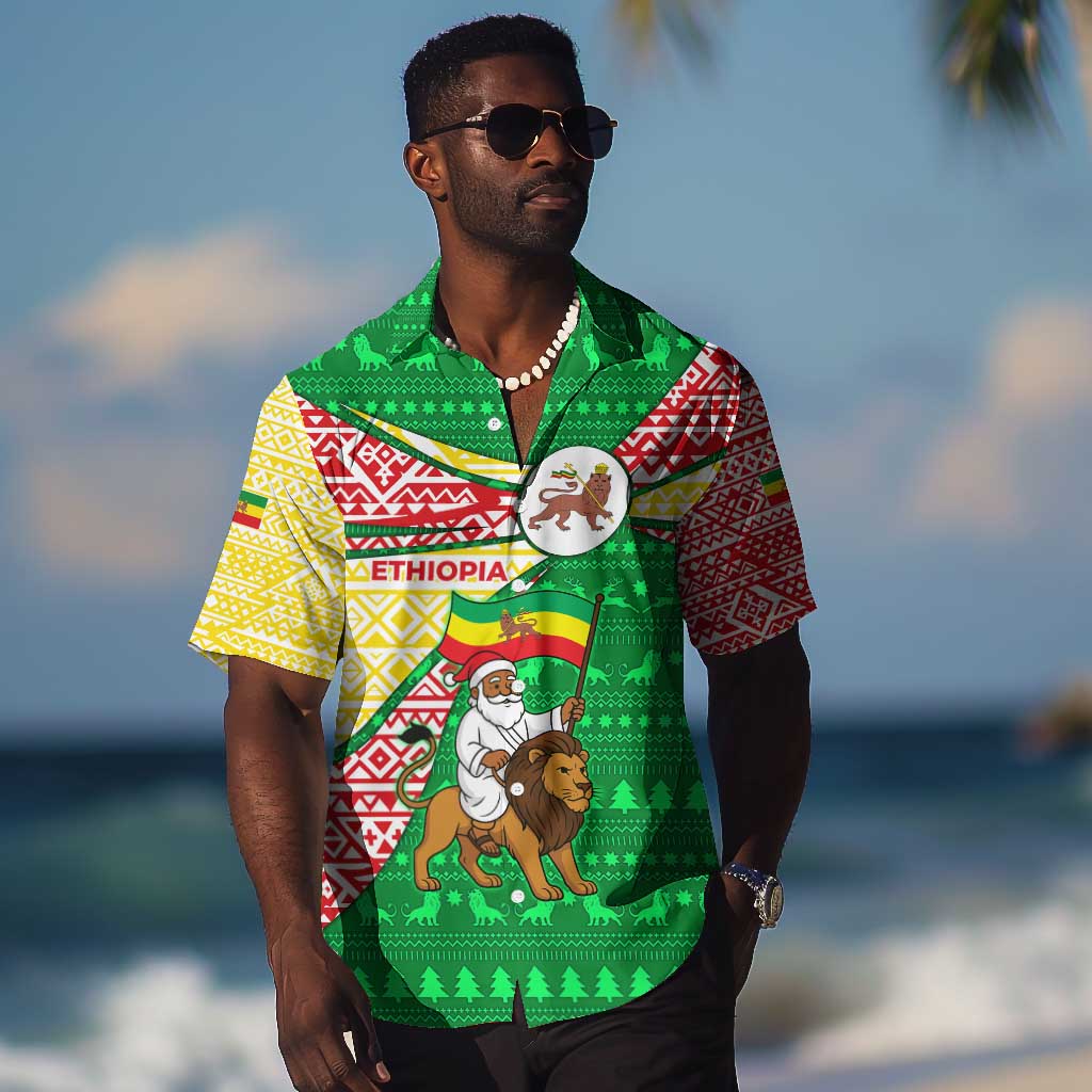 Ethiopia Christmas Hawaiian Shirt Santa Riding Lion Ethiopian Flag Colors and Tribal - African Pride