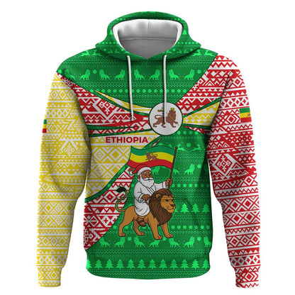 Ethiopia Christmas Hoodie Santa Riding Lion Ethiopian Flag Colors and Tribal - African Pride