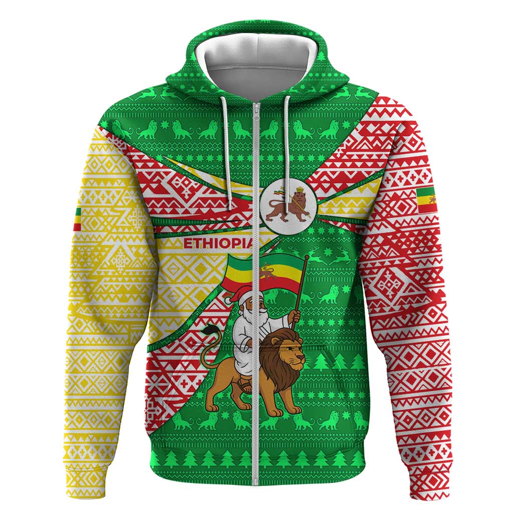 Ethiopia Christmas Hoodie Santa Riding Lion Ethiopian Flag Colors and Tribal - African Pride