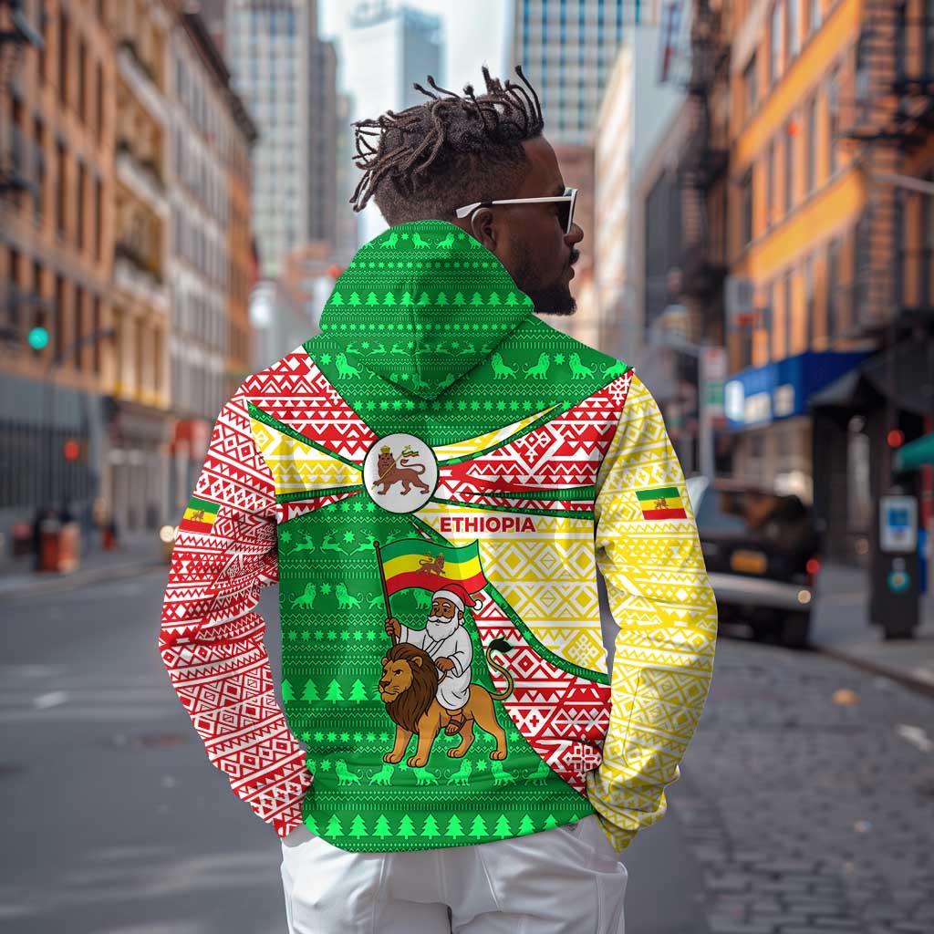 Ethiopia Christmas Hoodie Santa Riding Lion Ethiopian Flag Colors and Tribal - African Pride