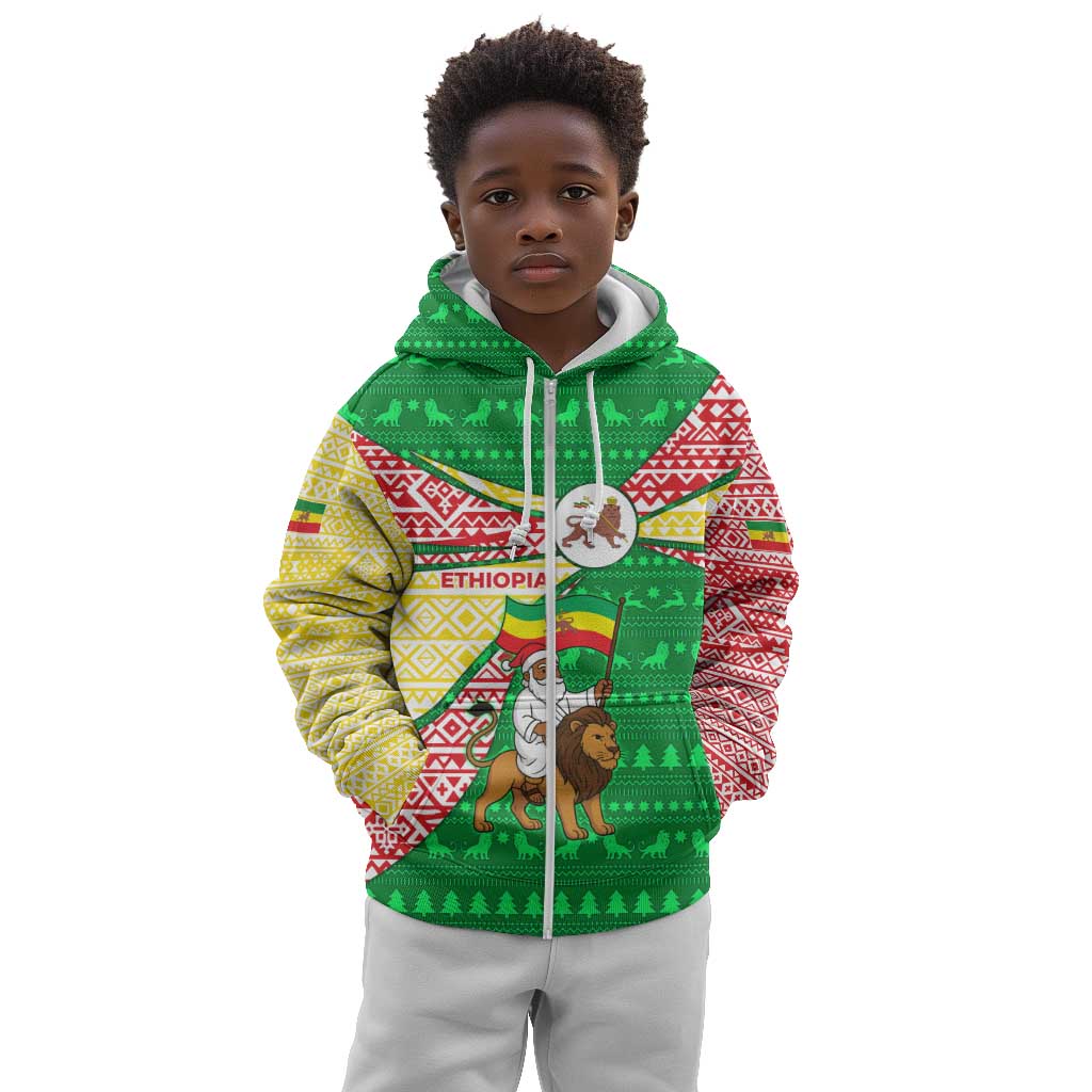 Ethiopia Christmas Kid Hoodie Santa Riding Lion Ethiopian Flag Colors and Tribal - African Pride