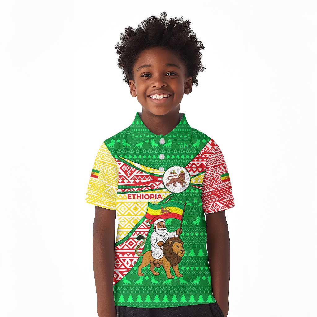 Ethiopia Christmas Kid Polo Shirt Santa Riding Lion Ethiopian Flag Colors and Tribal - African Pride