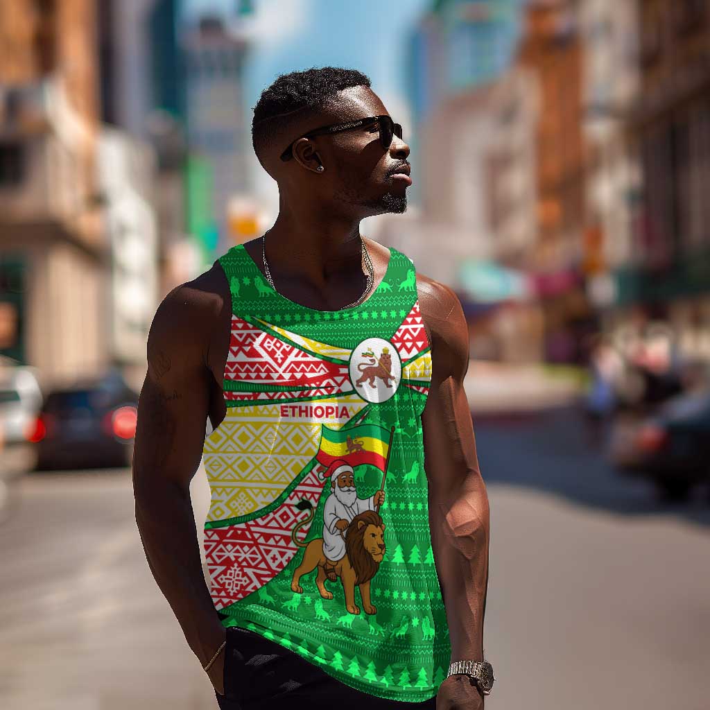 Ethiopia Christmas Men Tank Top Santa Riding Lion Ethiopian Flag Colors and Tribal - African Pride