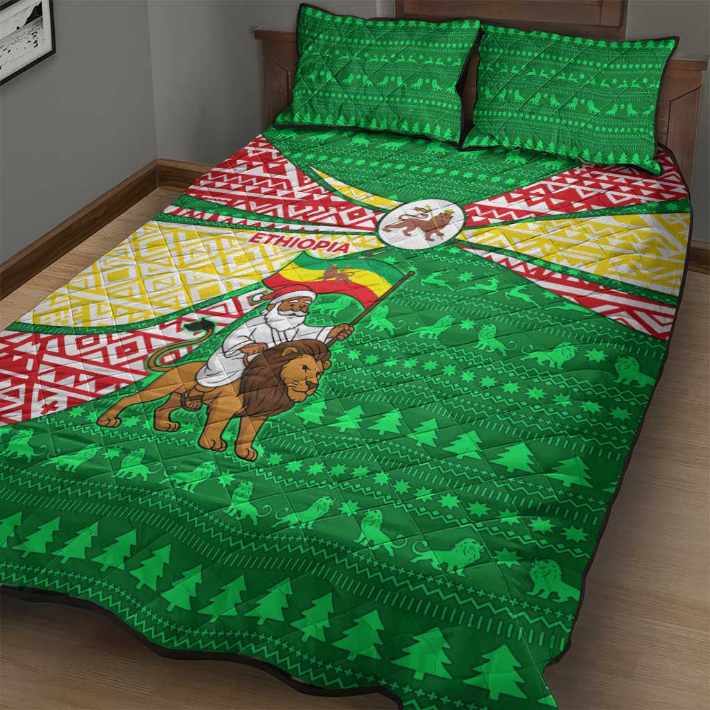 Ethiopia Christmas Quilt Bed Set Santa Riding Lion Ethiopian Flag Colors and Tribal - African Pride