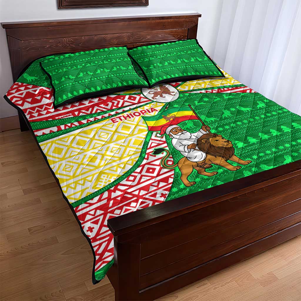 Ethiopia Christmas Quilt Bed Set Santa Riding Lion Ethiopian Flag Colors and Tribal - African Pride