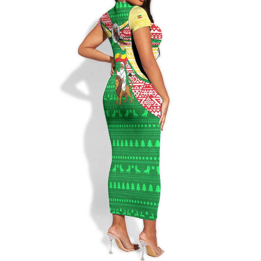 Ethiopia Christmas Short Sleeve Bodycon Dress Santa Riding Lion Ethiopian Flag Colors and Tribal - African Pride