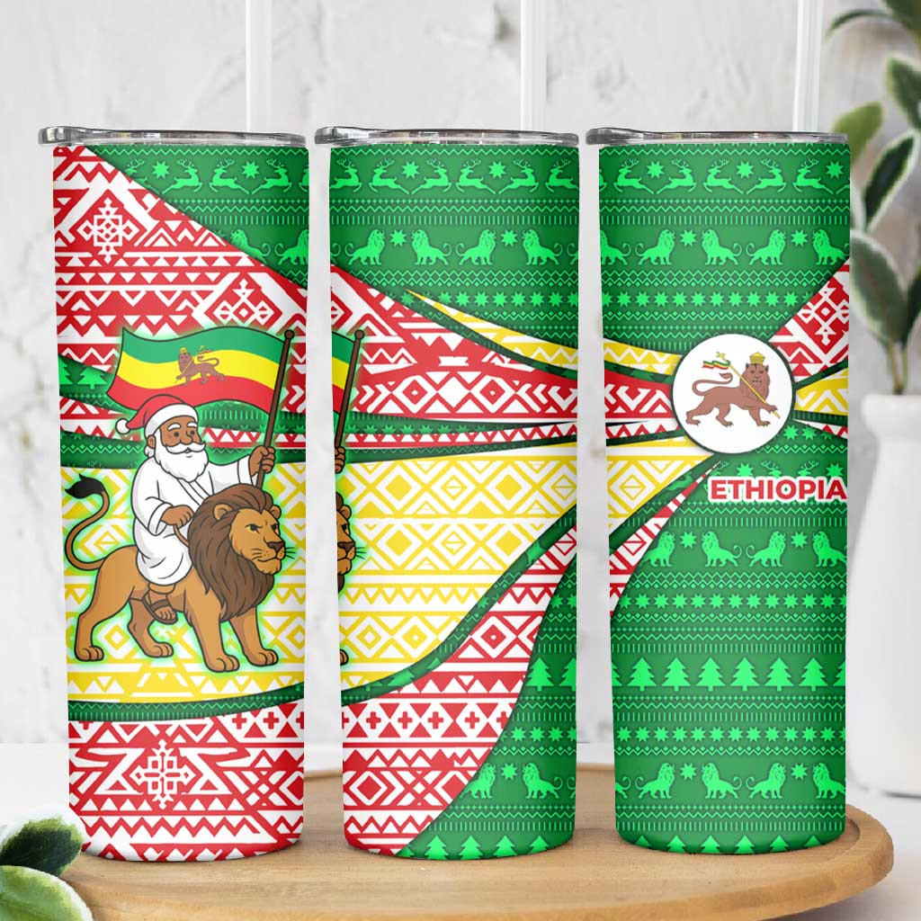 Ethiopia Christmas Skinny Tumbler Santa Riding Lion Ethiopian Flag Colors and Tribal - African Pride
