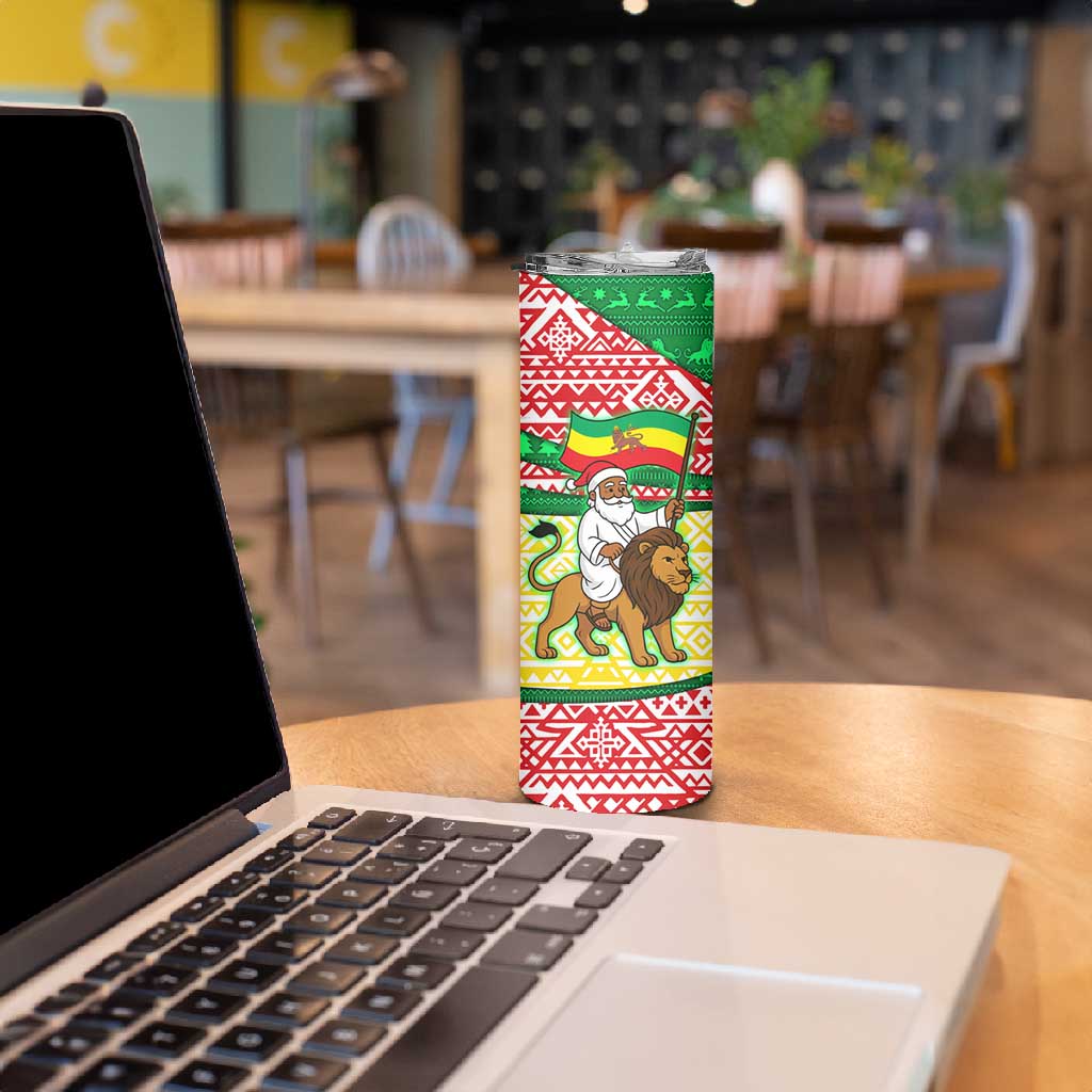 Ethiopia Christmas Skinny Tumbler Santa Riding Lion Ethiopian Flag Colors and Tribal - African Pride