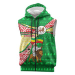 Ethiopia Christmas Sleeveless Zip Hoodie Santa Riding Lion Ethiopian Flag Colors and Tribal - African Pride