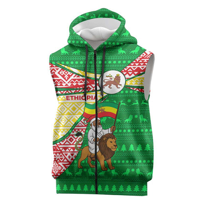 Ethiopia Christmas Sleeveless Zip Hoodie Santa Riding Lion Ethiopian Flag Colors and Tribal - African Pride