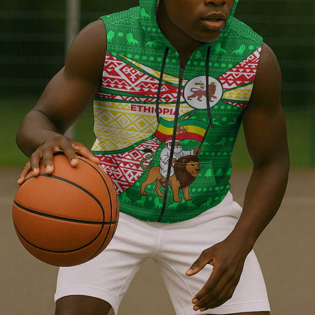 Ethiopia Christmas Sleeveless Zip Hoodie Santa Riding Lion Ethiopian Flag Colors and Tribal - African Pride