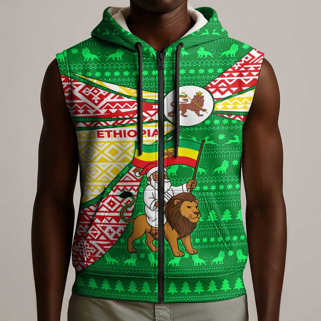 Ethiopia Christmas Sleeveless Zip Hoodie Santa Riding Lion Ethiopian Flag Colors and Tribal - African Pride