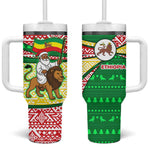 Ethiopia Christmas Tumbler With Handle Santa Riding Lion Ethiopian Flag Colors and Tribal - African Pride