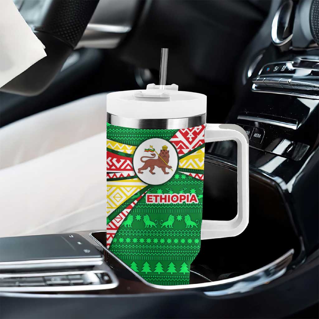 Ethiopia Christmas Tumbler With Handle Santa Riding Lion Ethiopian Flag Colors and Tribal - African Pride