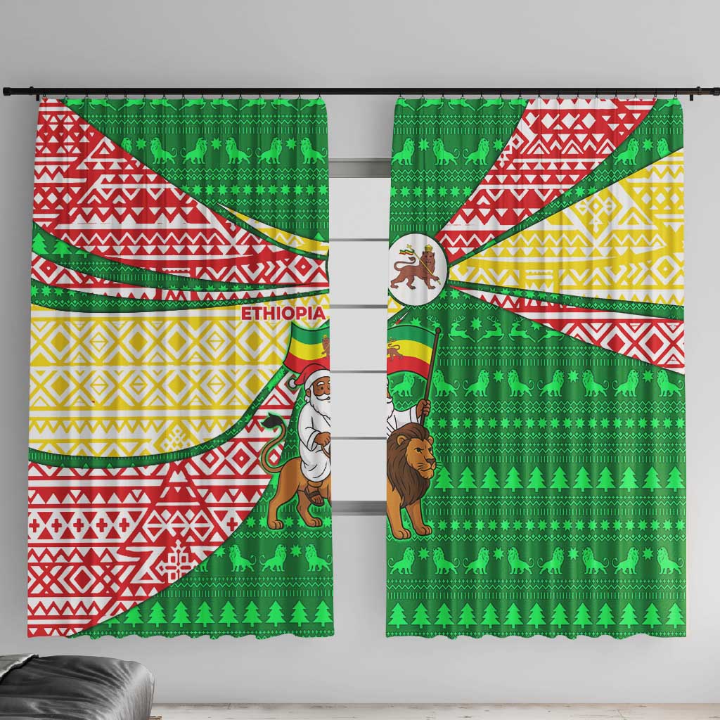 Ethiopia Christmas Window Curtain Santa Riding Lion Ethiopian Flag Colors and Tribal - African Pride