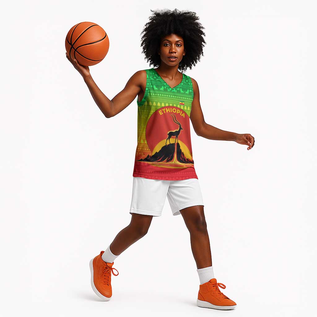 Ethiopia Christmas Basketball Jersey Mountain Gazelle Sunset Ethiopian Flag TS04