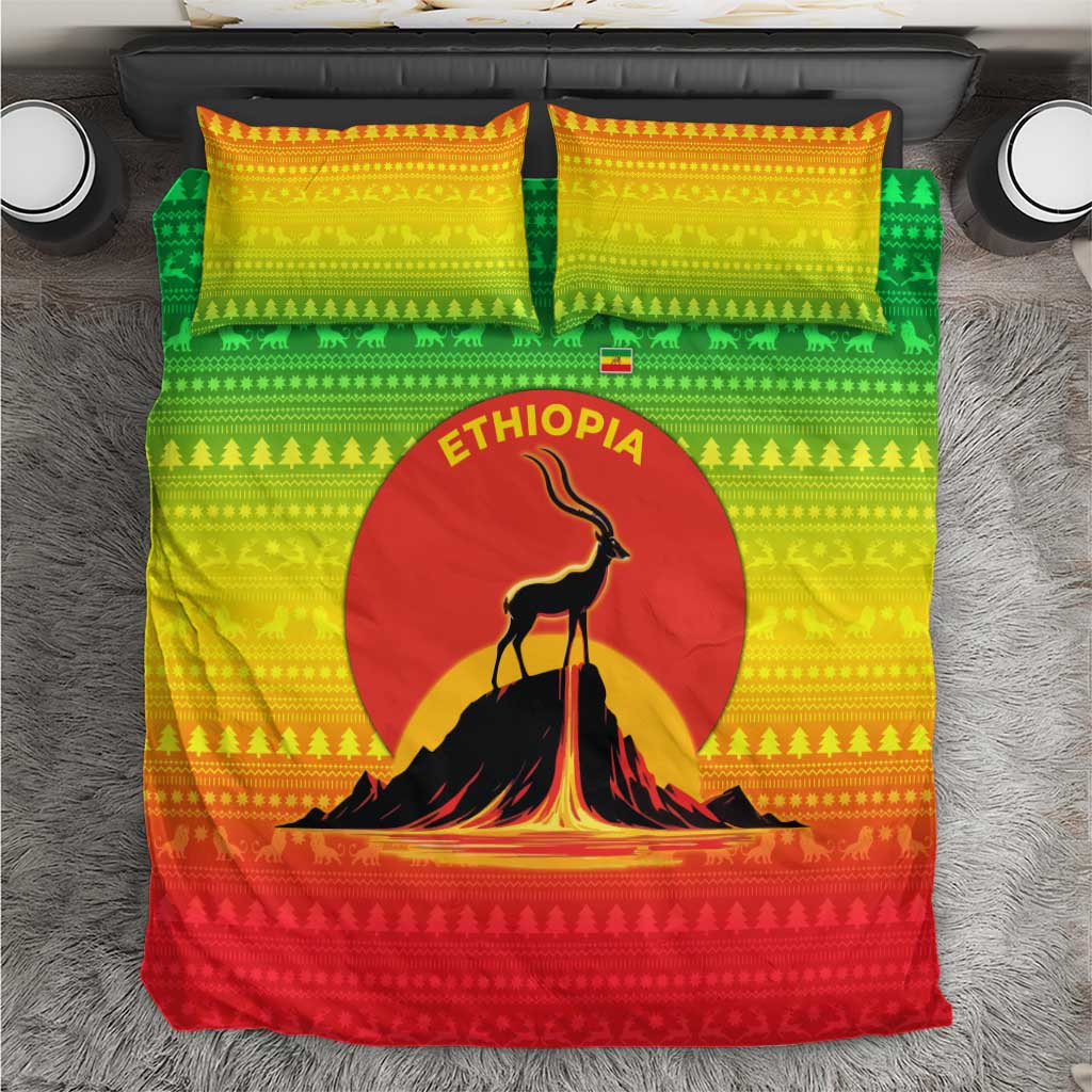 Ethiopia Christmas Bedding Set Mountain Gazelle Sunset Ethiopian Flag - African Pride