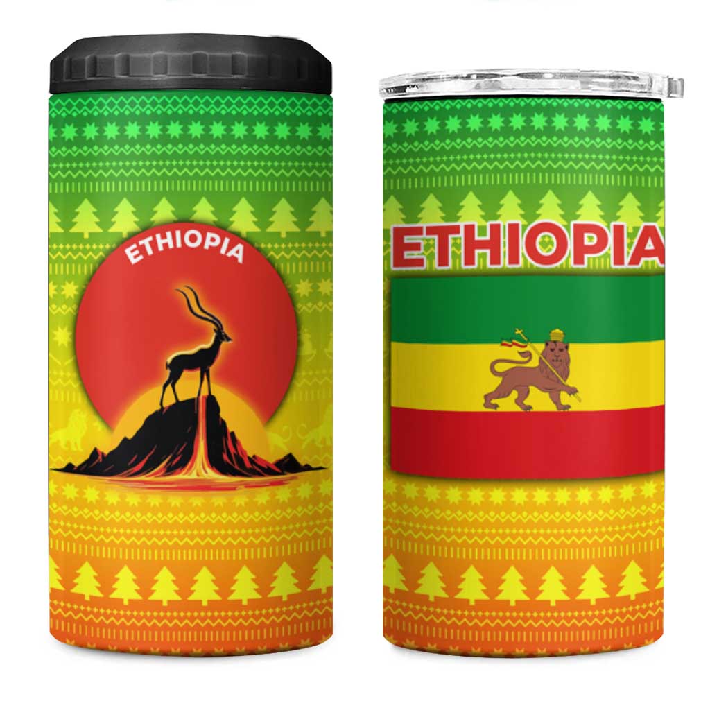 Ethiopia Christmas 4 in 1 Can Cooler Tumbler Mountain Gazelle Sunset Ethiopian Flag - African Pride