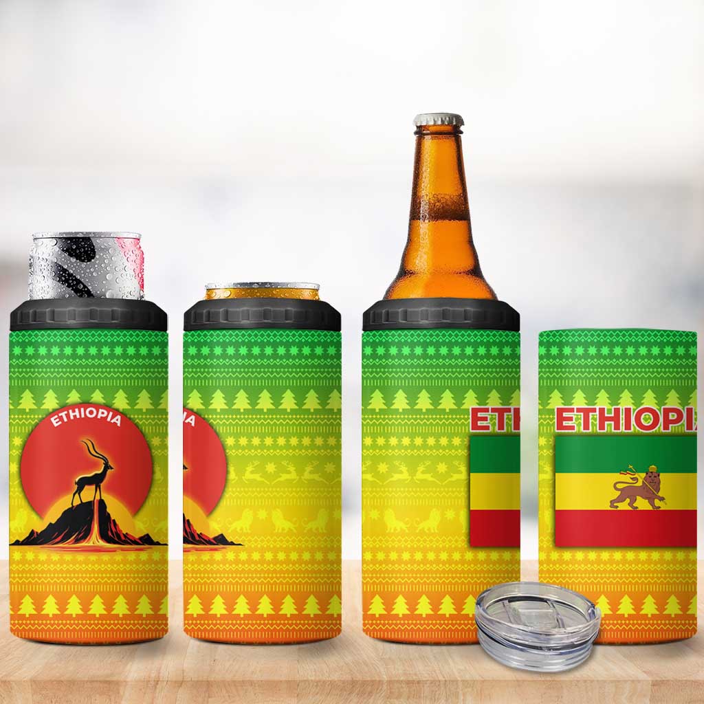 Ethiopia Christmas 4 in 1 Can Cooler Tumbler Mountain Gazelle Sunset Ethiopian Flag - African Pride