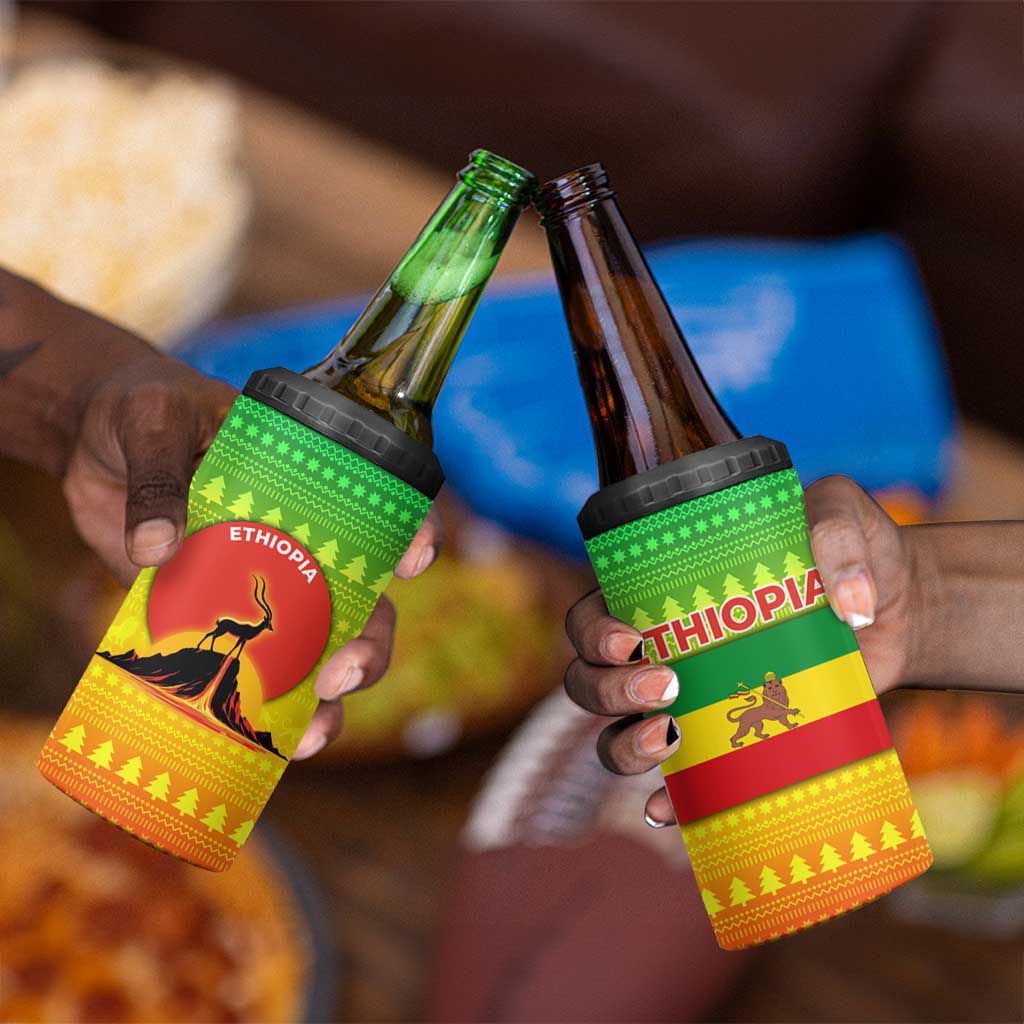 Ethiopia Christmas 4 in 1 Can Cooler Tumbler Mountain Gazelle Sunset Ethiopian Flag - African Pride