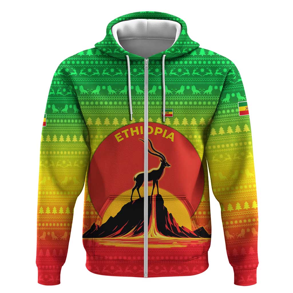 Ethiopia Christmas Hoodie Mountain Gazelle Sunset Ethiopian Flag - African Pride